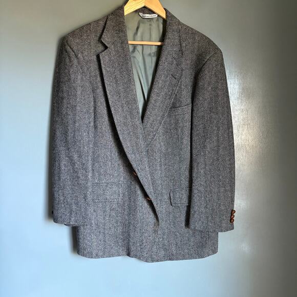 Vintage MAN IN WOOL Men's 44S Grey 100% Wool Tweed Herringbone Blazer Classic - Picture 1 of 13